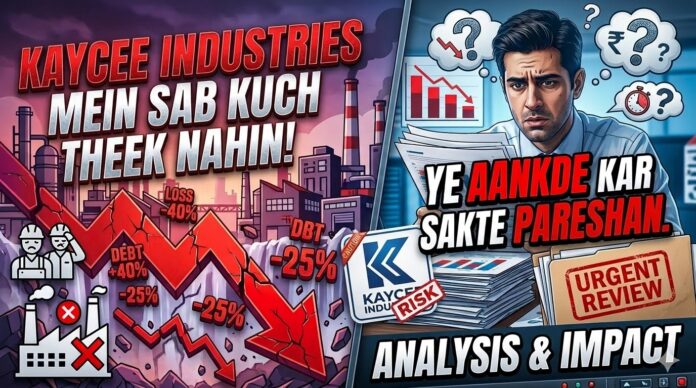 Kaycee Industries share analysis thumbnail showing red flags, slow sales growth and 109 debtor days concerns.