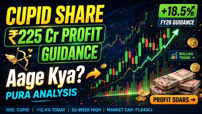 Cupid Limited share analysis thumbnail showing FY27 revenue target of ₹750 crore and net profit target of ₹225 crore.
