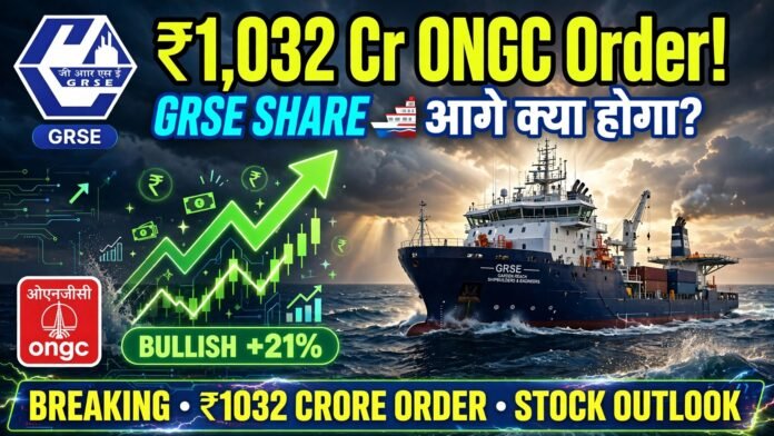 GRSE share analysis thumbnail showing shipyard expansion, naval ship and ONGC order
