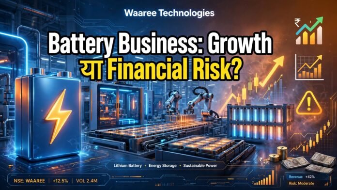 Waaree Technologies share analysis thumbnail showing financial red flags and current ratio 0.91.